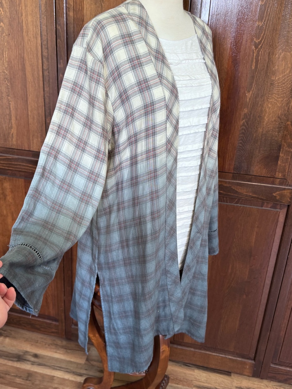 NWT Boho ~ Shabby Chic Plaid Ombre Dip Dye Kimono Duster Cardigan Gray Large